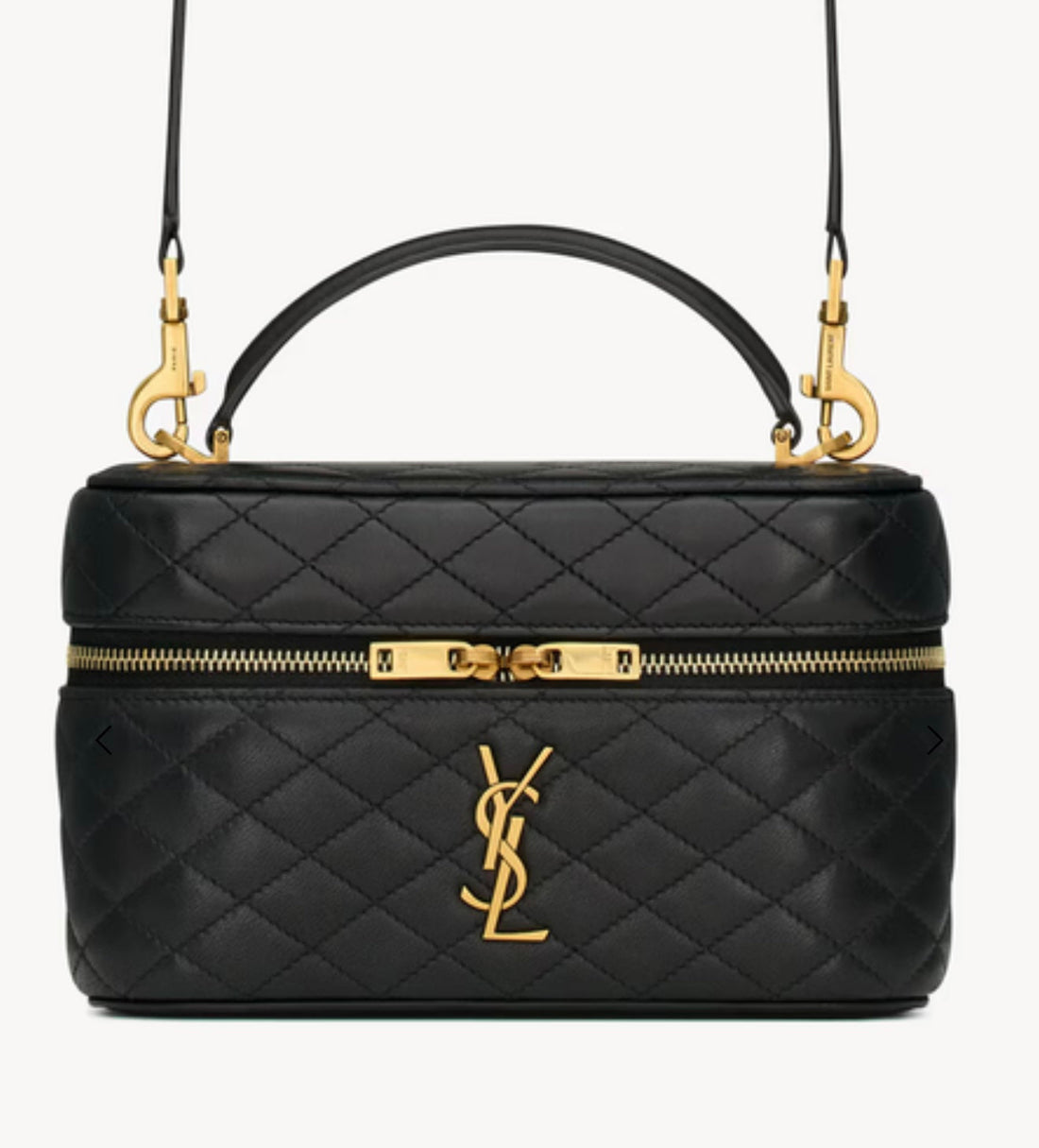 Black quilted YSL vanity bag with a top handle, shoulder strap, and gold-tone hardware.