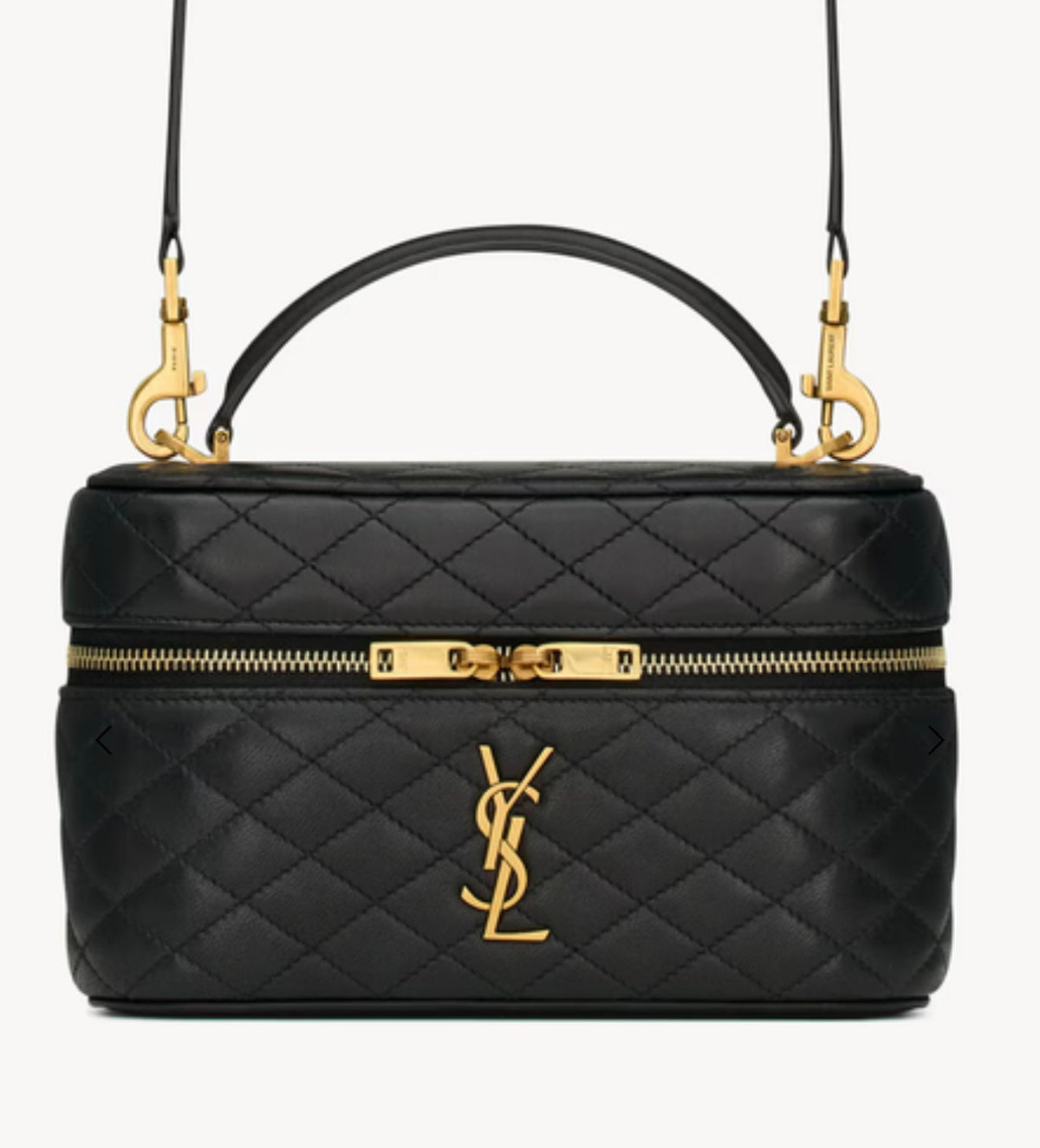 Black quilted YSL vanity bag with a top handle, shoulder strap, and gold-tone hardware.