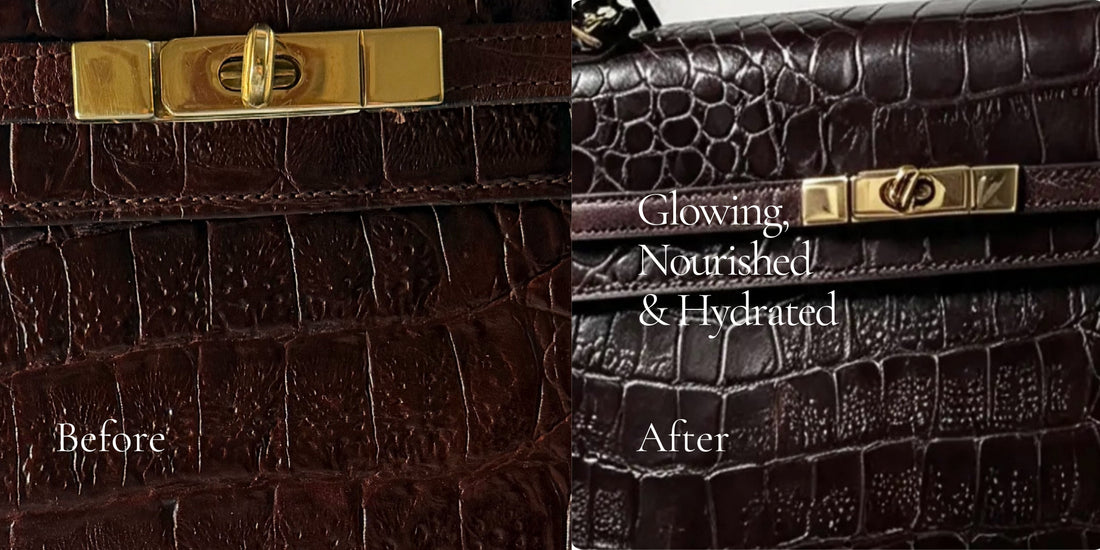 Heritage leather handbag care ritual using Archive Essentials products — cleanse, condition and protect