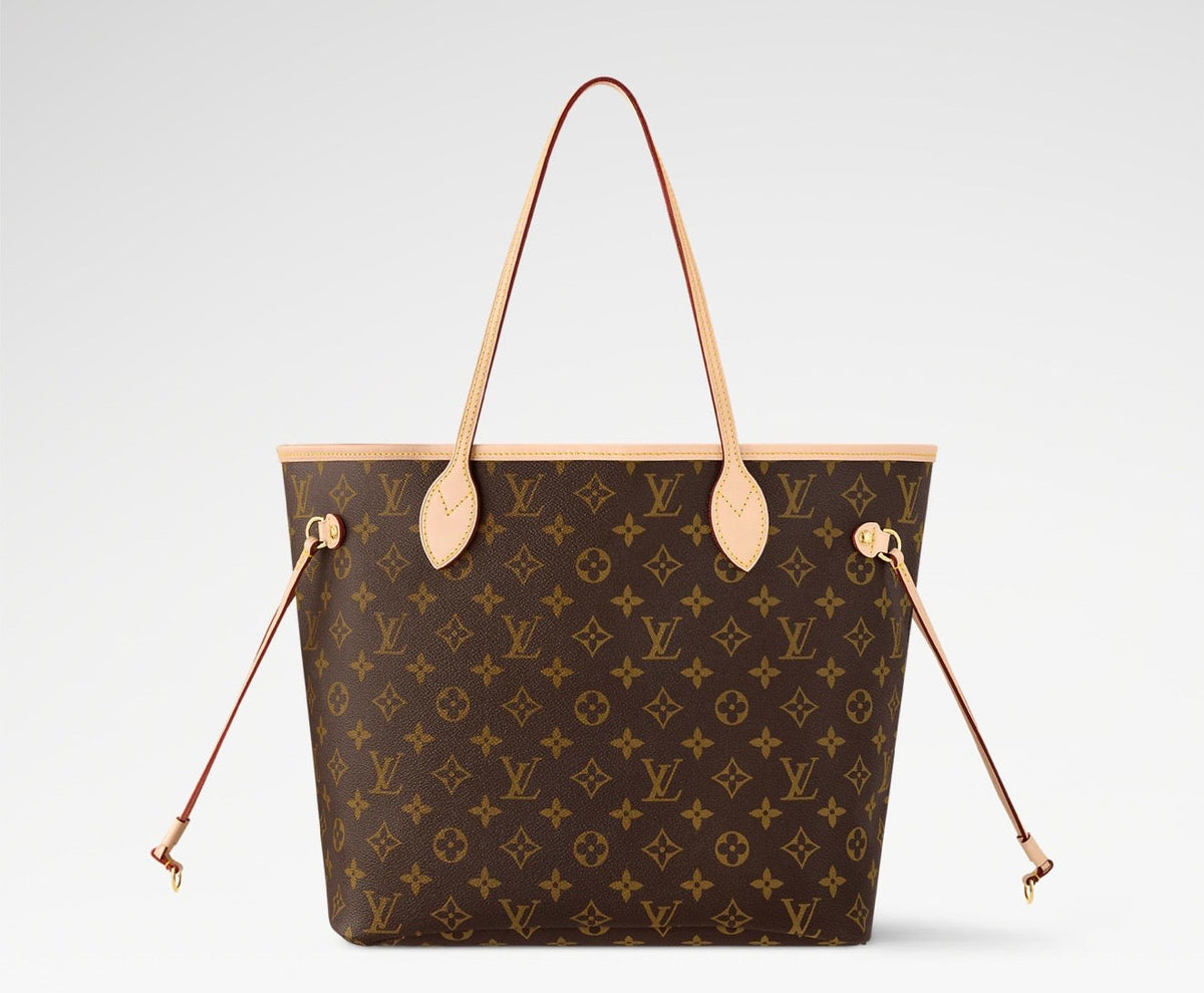 Louis Vuitton Neverfull tote with Vachetta leather handles and trim, showing natural patina