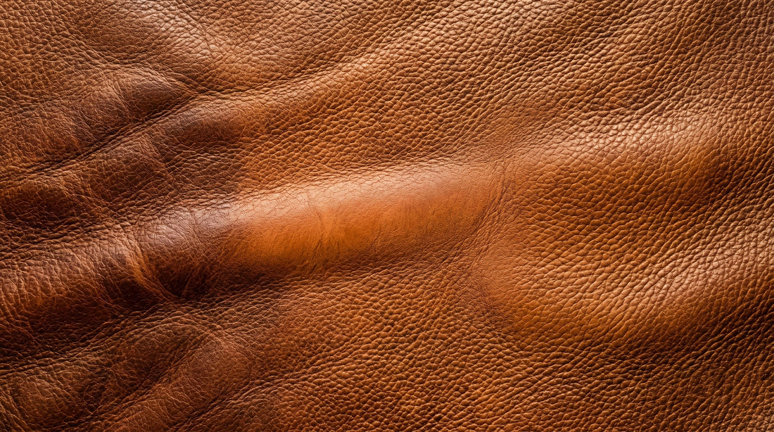 Close-up of rich brown leather showing a natural crease, its grain still supple and even.