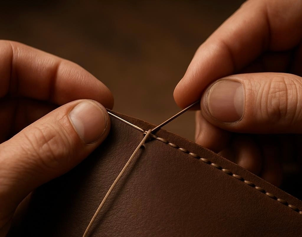 Close-up of hands performing a saddle stitch on dark brown leather