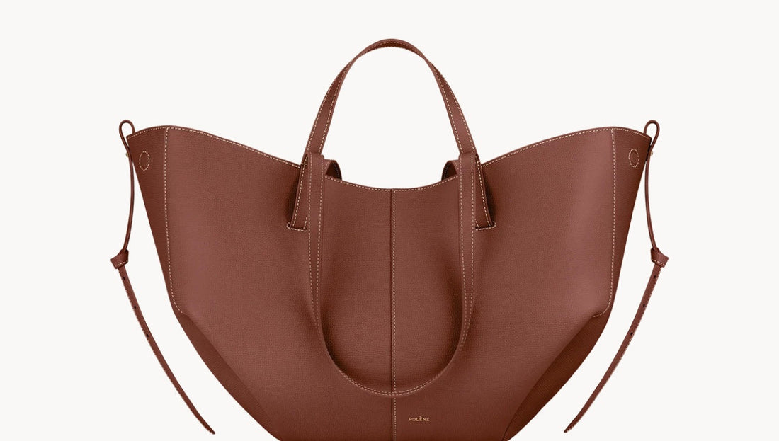 Brown Polène Cyme tote in its open basket shape, with long side straps and stitched leather panels.