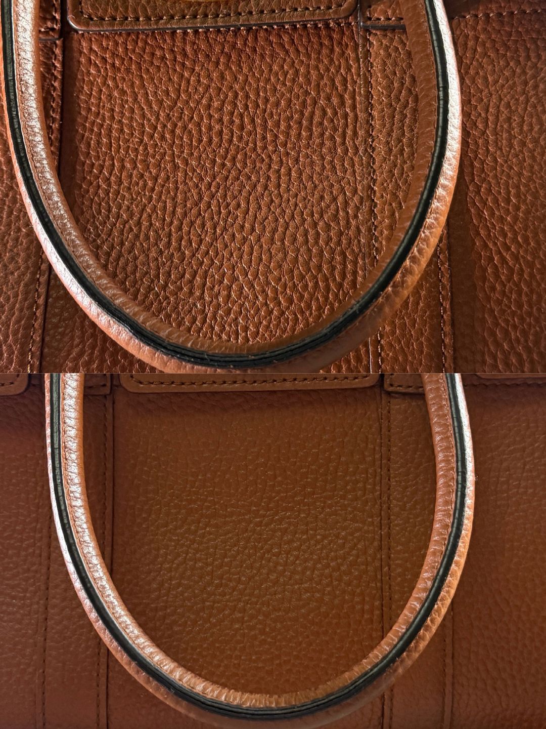 Two brown leather handbag handles with dark edge trim resting against textured leather panels.