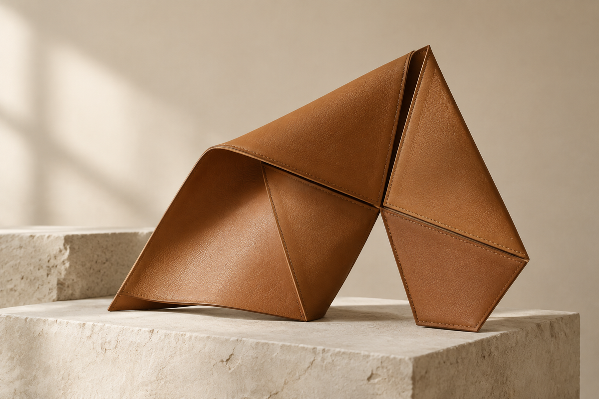 AI-generated editorial illustration of angular tan leather panels with stitched seams arranged on pale limestone, not an actual Loewe handbag.